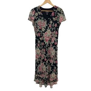 Vintage Y2K Positive Attitude Floral Dress Black Pink Romantic Rose Womens 14